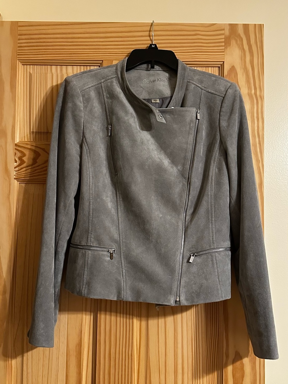 Calvin Klein Gray Suede Asymmetrical Zip Moto Jacket